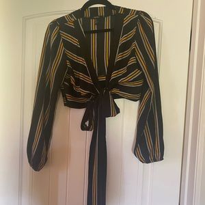Forever 21 Stripped Wrap Long Sleeve Cropped Blouse